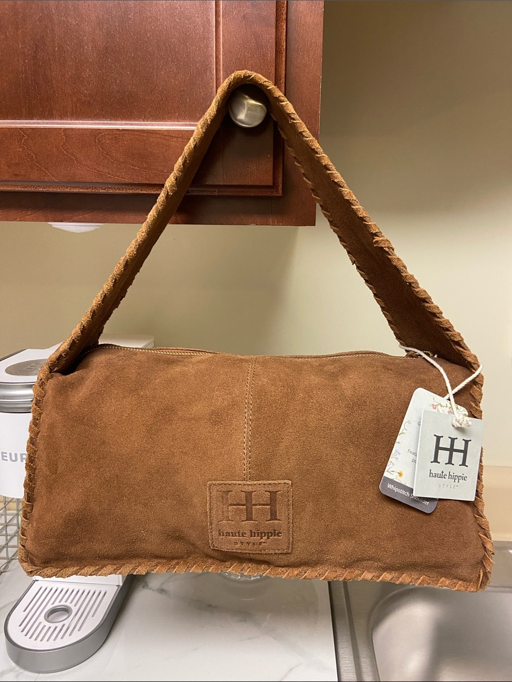 Haute Hippie Cognac Suede Woven-Trim Shoulder Bag - Picture 1 of 12